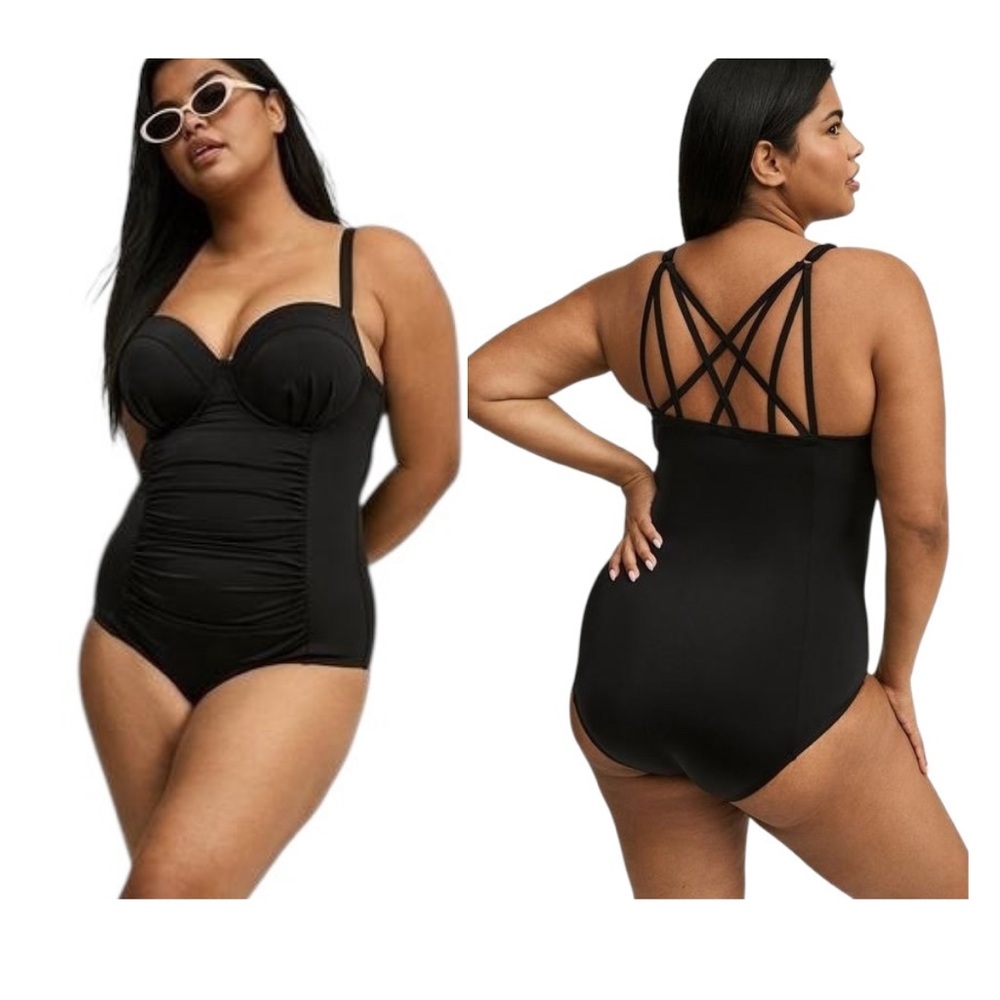 Torrid Slim Fix Underwire Strappy Back One Piece Swimsuit Ruched Slimming Sz 10
